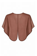 Chocolate brown ELVA cape jacket by MOON / HAKAAN YILDIRIM, shown from the back with a flowing design and elegant silhouette.