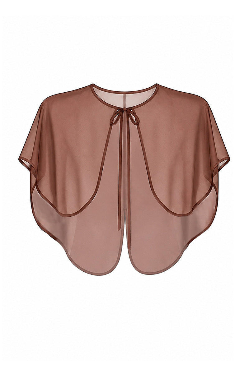 Chocolate brown Elva cape jacket by MOON / Hakaan Yildirim, front view showing the stylish, flowing design and textured fabric.