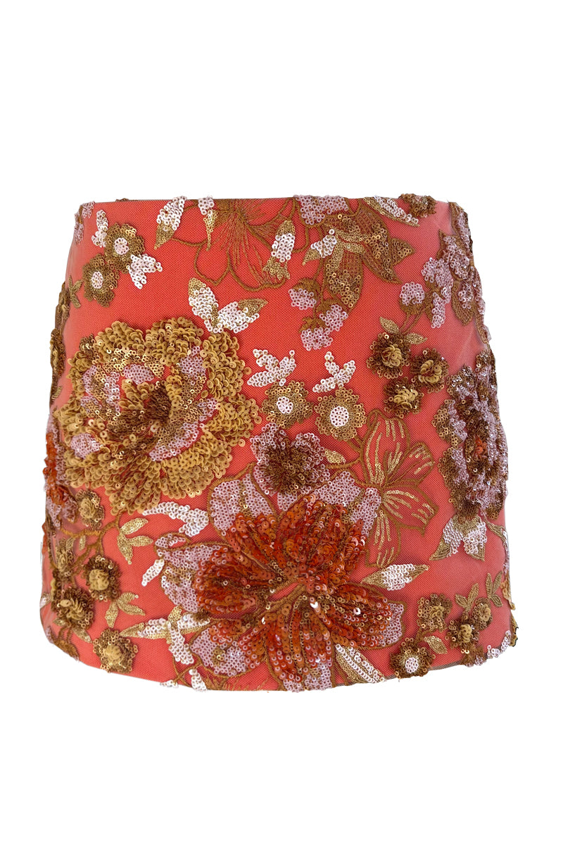 Orange JC Pajares embroidery low waist mini skirt, featuring detailed embroidery and a stylish mini length.