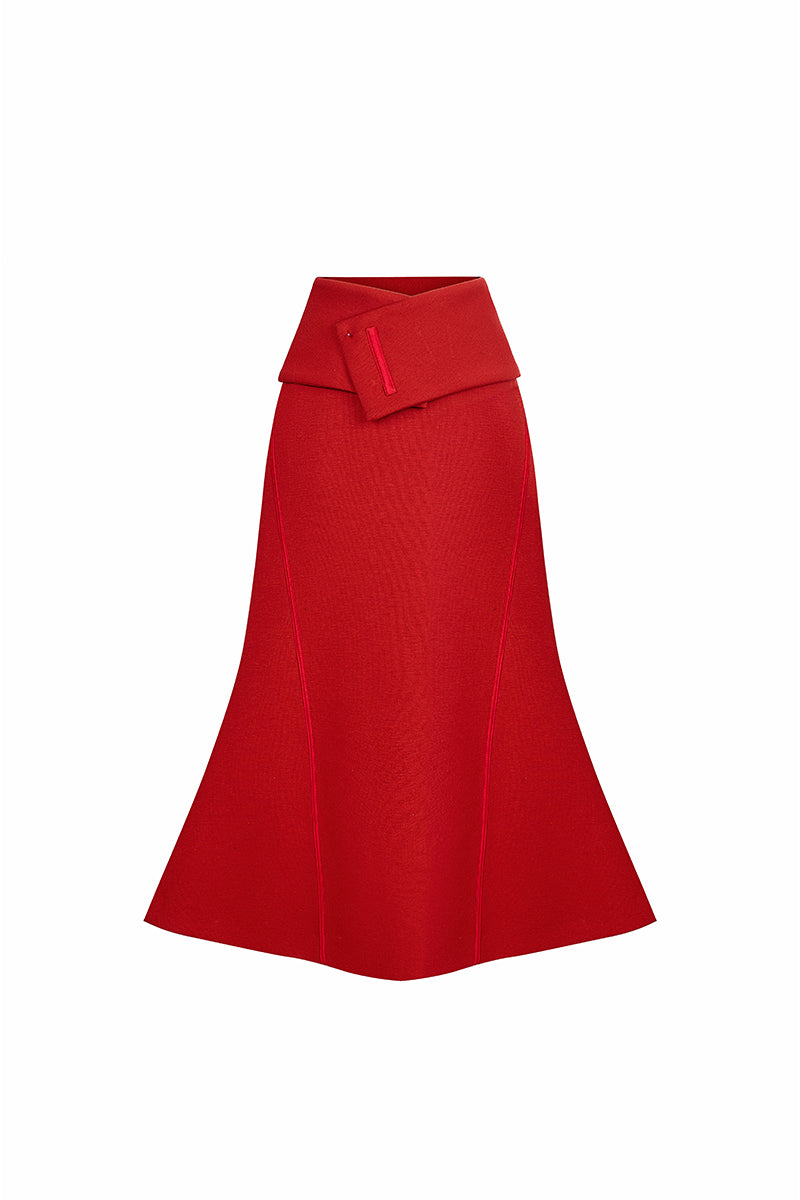 Red spandex midi skirt by EEGEN STUDIO, form-fitting design with smooth fabric and stylish length, perfect for casual or dressy wear.