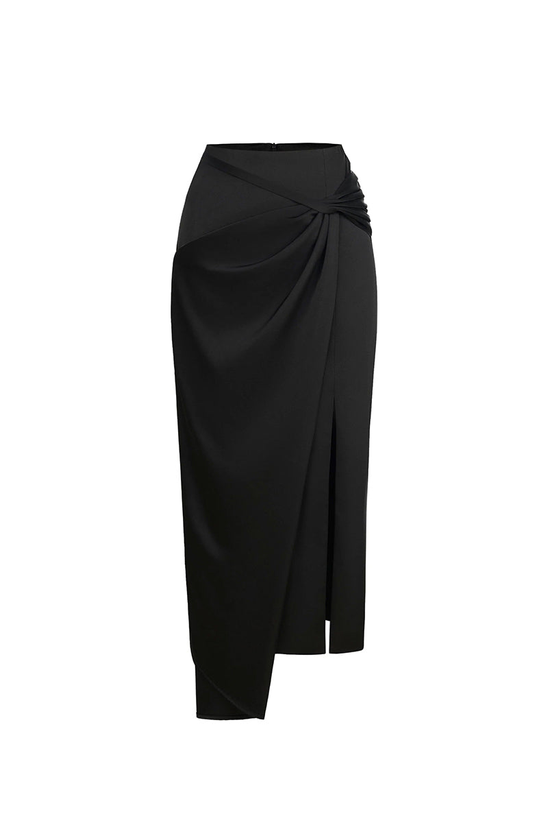 Black silk midi skirt by EEGEN STUDIO, featuring a sleek and elegant design with smooth fabric and a classic silhouette.