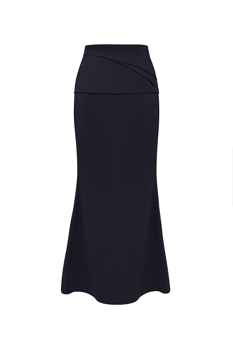 Black silk midi skirt by EEGEN STUDIO, flowing fabric with a sleek, elegant design perfect for stylish looks.