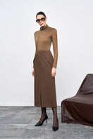 Brown crepe midi skirt by EEGEN STUDIO, featuring a stylish and flowing design with a comfortable waistband.