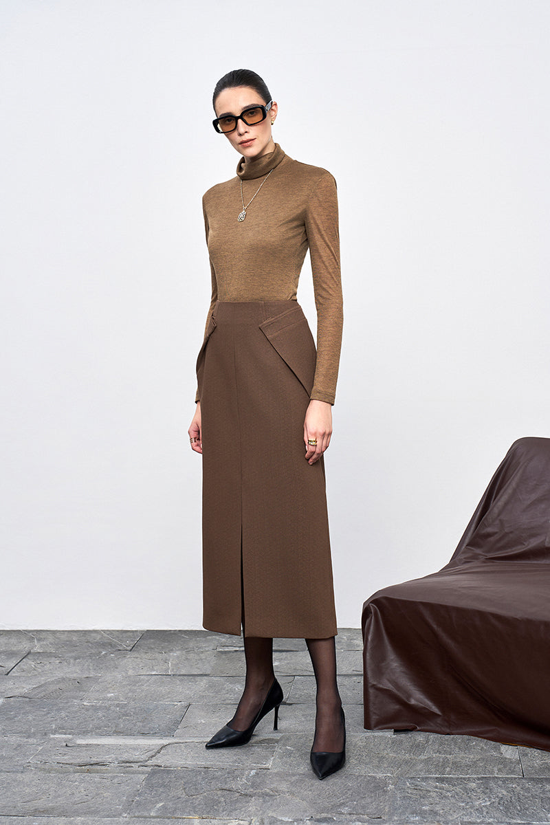 Brown crepe midi skirt by EEGEN STUDIO, featuring a stylish and flowing design with a comfortable waistband.