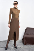 Brown crepe midi skirt from EEGEN STUDIO featuring a flowing design and tailored fit.
