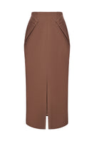 Brown crepe midi skirt by EEGEN STUDIO, featuring a sleek, flowing design ideal for stylish, casual or office wear.