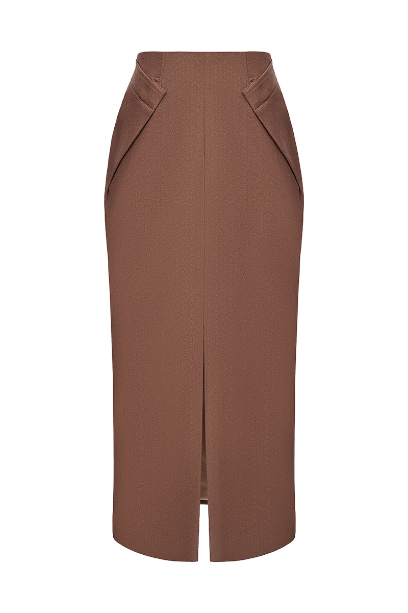 Brown crepe midi skirt by EEGEN STUDIO, featuring a sleek, flowing design ideal for stylish, casual or office wear.