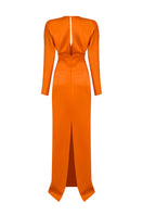 Orange Esther gown by MOON / HAKAN YILDIRIM, shown from the back with flowing fabric and elegant design.