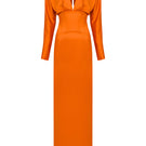 Orange Esther gown by MOON / HAKAN YILDIRIM featuring a flowing silhouette and elegant design, shown from the front.