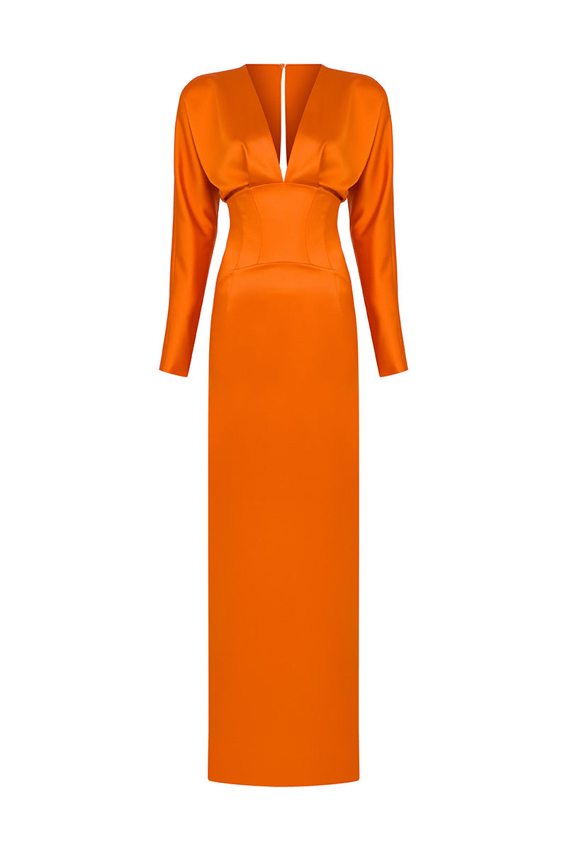 Orange MOON HAKAN YILDIRIM Esther maxi dress with flowing fabric and stylish design, shown from the front.