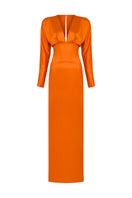 Orange Esther gown by MOON / HAKAN YILDIRIM featuring a flowing silhouette and elegant design, shown from the front.