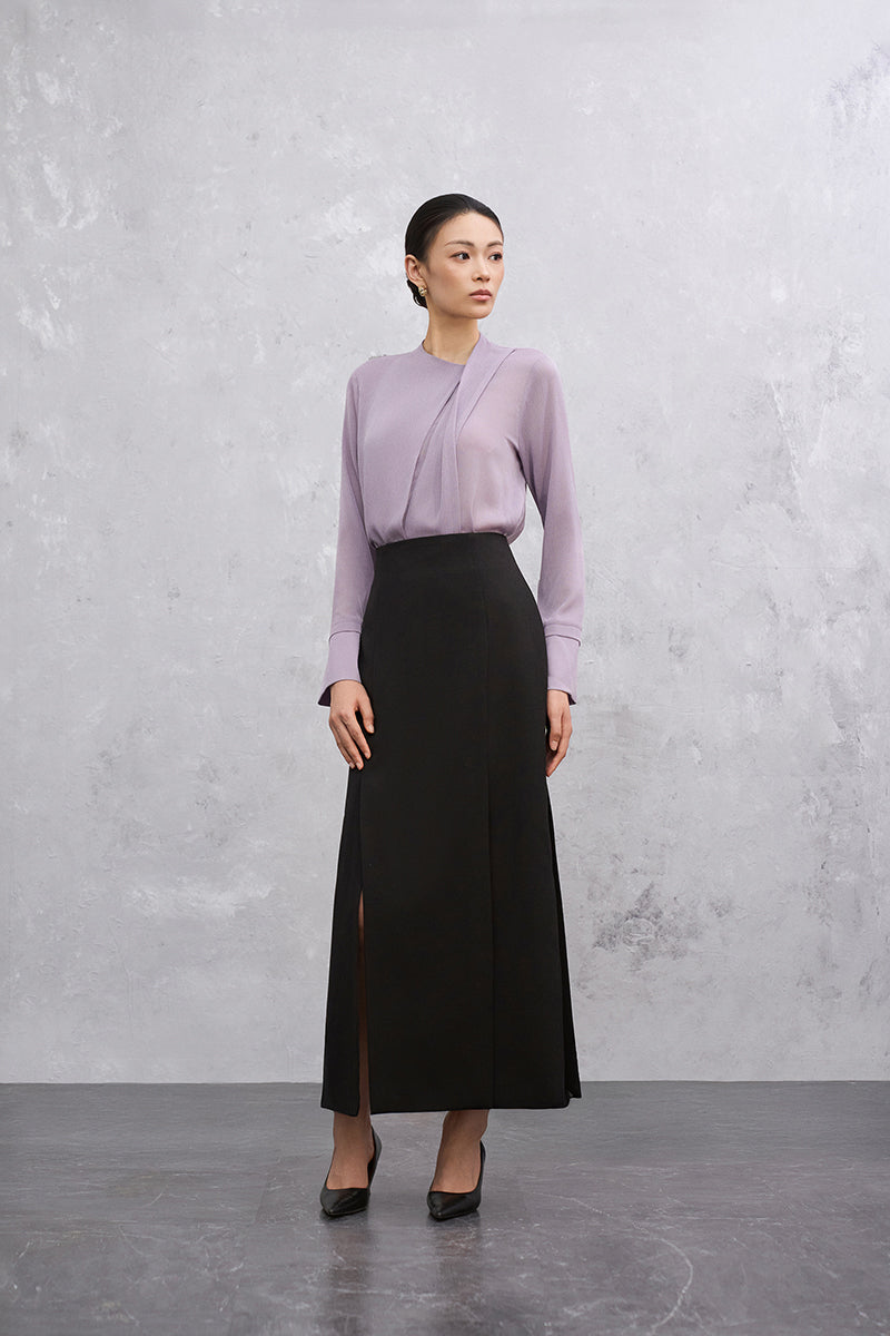 Purple NARA long sleeve top from EEGEN STUDIO, shown with a black Nara skirt, casual stylish apparel for women.