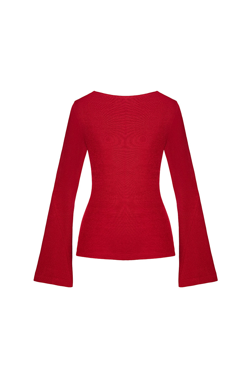 Red Twinkle Knit Top by EEGEN Studio featuring a cozy, sparkly knit fabric and a stylish, fitted design.