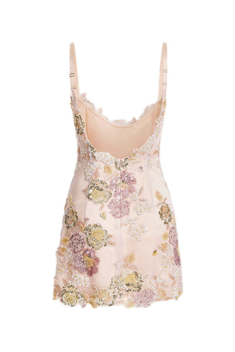 Mauve Scarlett Gasque Eternal Bloom slip dress, a mini dress with soft fabric and ghost-back design, styled for elegant occasions.