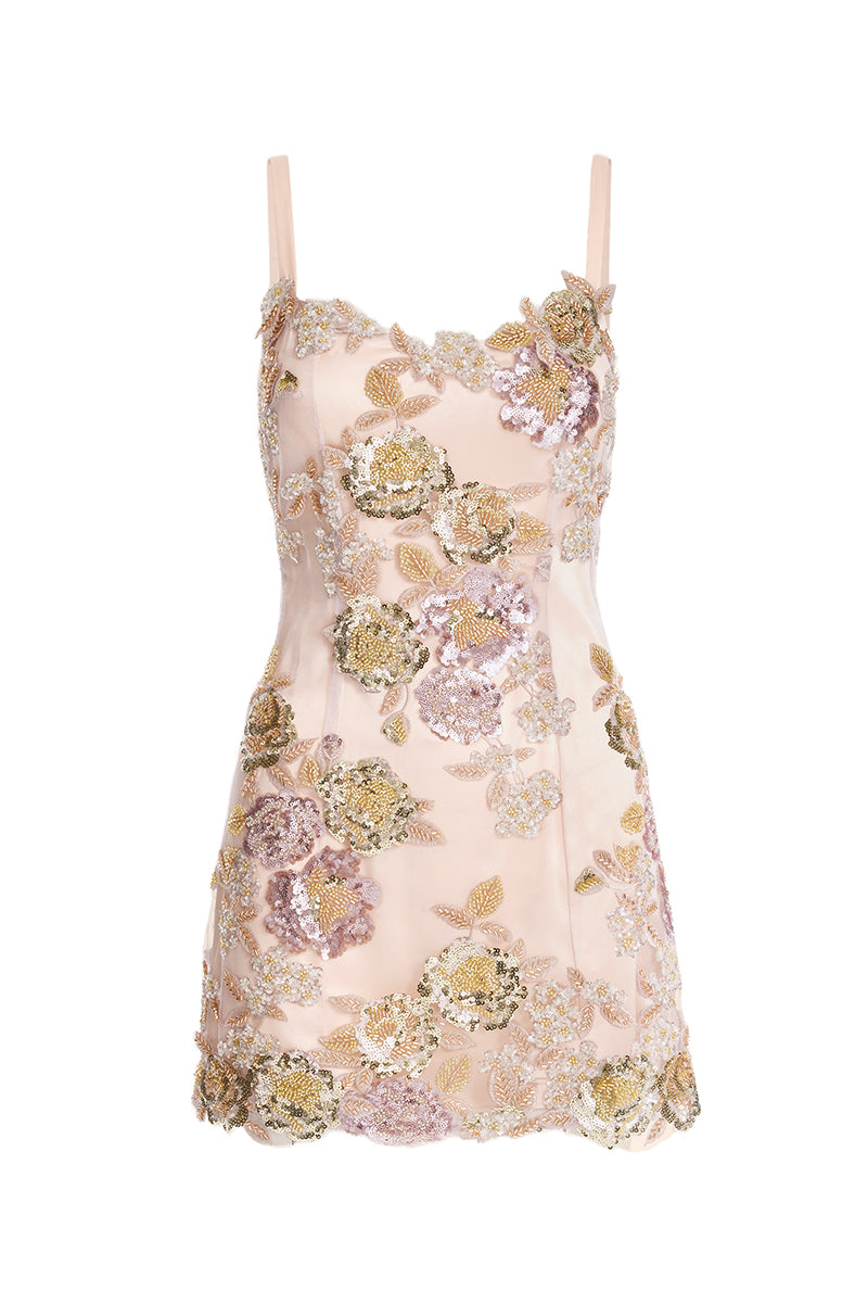Mauve Scarlett Gasque Eternal Bloom slip dress, mini length with a soft, flowing fabric and delicate detailing, front view.