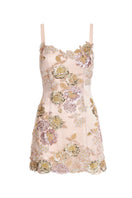 Mauve Scarlett Gasque Eternal Bloom Slip Dress, mini dress with delicate floral details and silky fabric, front view.