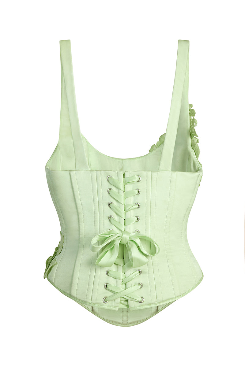 Scarlett Gasque Evelyn Corset top in mint with ghost-back design, showcasing fitted lace-up style and feminine detailing.