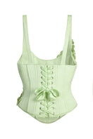Mint green Scarlett Gasque Evelyn corset top with ghost back design, featuring structured lace-up detailing.