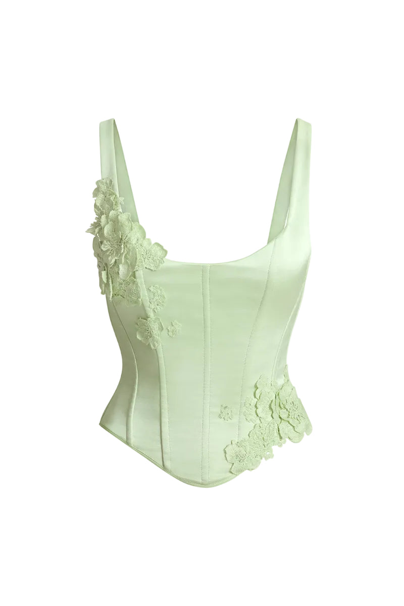 Mint green Evelyn corset from Scarlett Gasque featuring a fitted top with lace-up front and structured design.