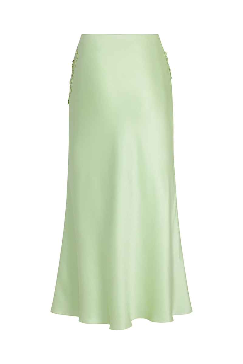 Mint green Scarlett Gasque Evelyn Midi Skirt displayed on a hanger with a ghost back design.