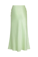 Mint green Scarlett Gasque Evelyn Skirt, a stylish midi skirt with a ghost back design displayed in the image.