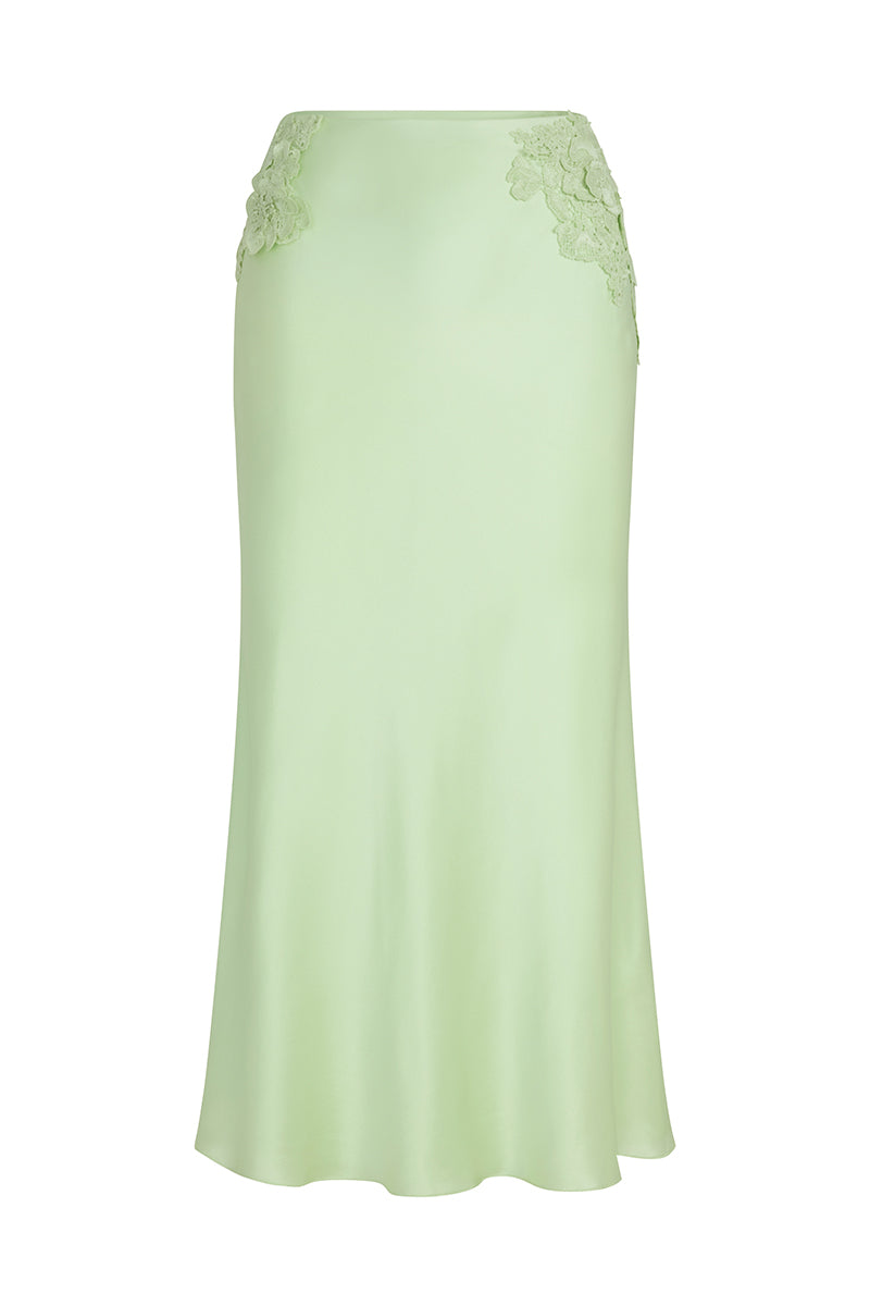 Mint green Scarlett Gasque Evelyn midi skirt with a flowing silhouette, shown from the front view.