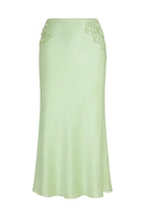 Mint green Scarlett Gasque Evelyn Skirt, midi length with a flowing design, displayed from the front view.
