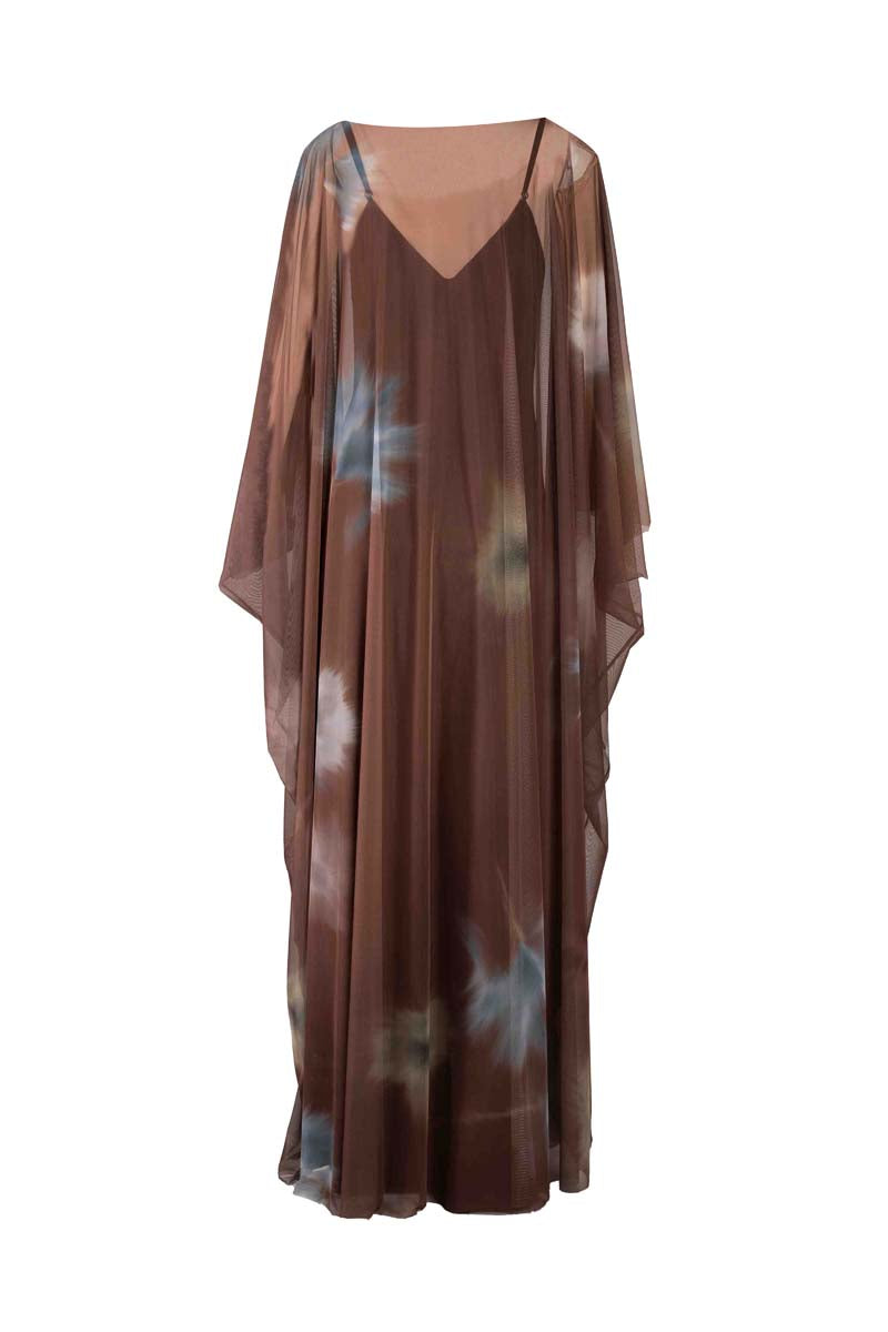 YASSMIN SALEH brown Echo maxi dress with ghost back detail, flowing fabric, and elegant design for stylish summer wear.