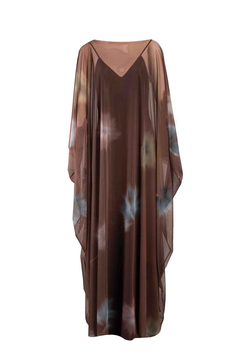 YASSMIN SALEH Echo brown maxi dress with ghostly front design, flowing fabric, and elegant style for casual or formal wear.