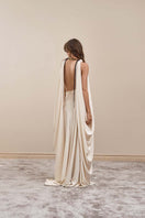 Ivory Eclipse Gown by Yassmin Saleh, elegant maxi dress with flowing fabric, back view showing stylish design and soft drape.