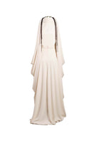 Ivory Eclipse Gown maxi dress by YASSMIN SALEH with ghostly front design, flowing fabric, and elegant silhouette.