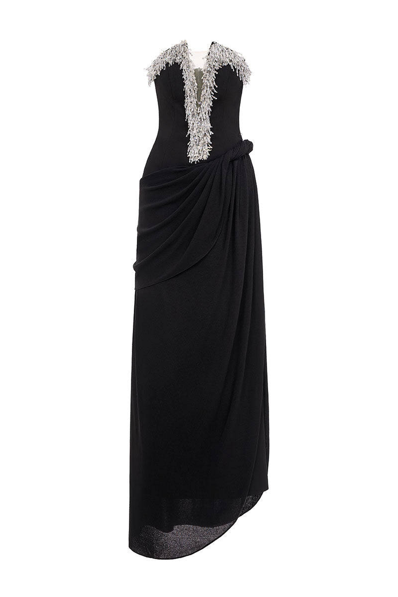 Elegant AZRA gown by EEGEN STUDIO, featuring flowing fabric and intricate detailing, perfect for formal occasions.