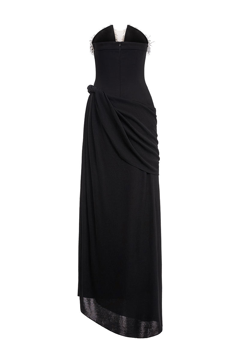 Elegant AZRA gown by EEGEN STUDIO featuring intricate embroidery and flowing fabric, showcased in a stylish full-length view.