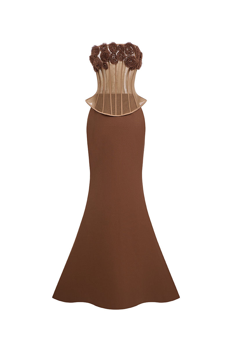 Eegen Studio Sahara Set gown in soft fabric, featuring elegant design and intricate details, perfect for stylish evening wear.