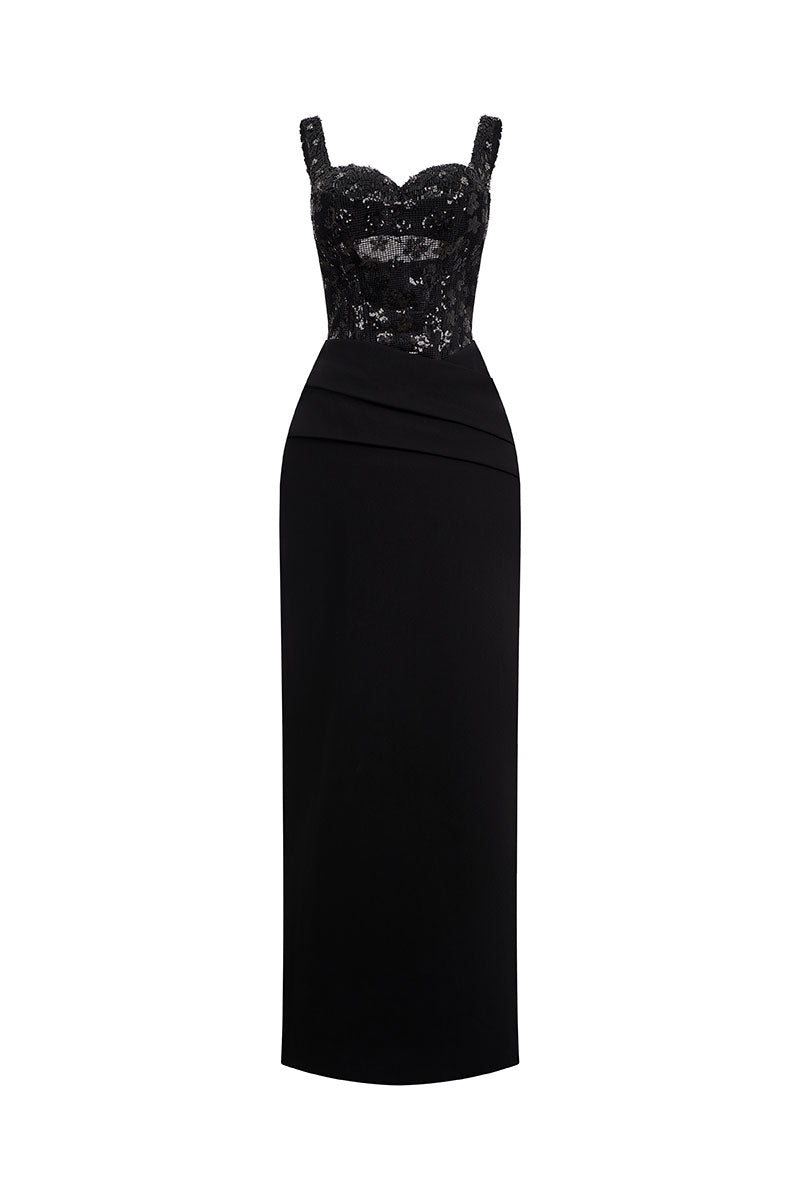 Elegant ESME gown by EEGEN STUDIO featuring flowing fabric and intricate design, displayed on a mannequin.