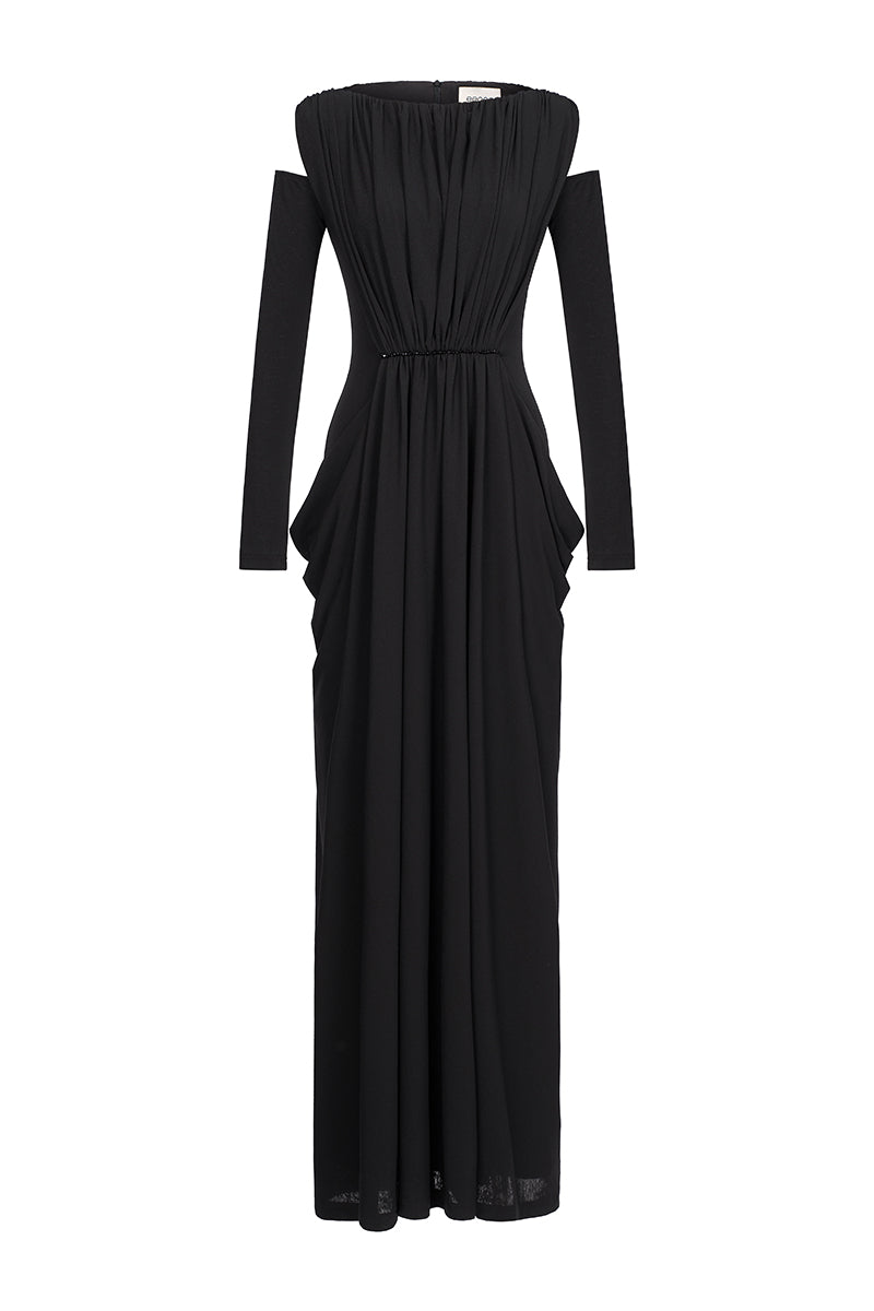 Eegen Studio VELA Maxi Dress in flowing fabric with a relaxed fit, displayed on a hanger against a neutral background.