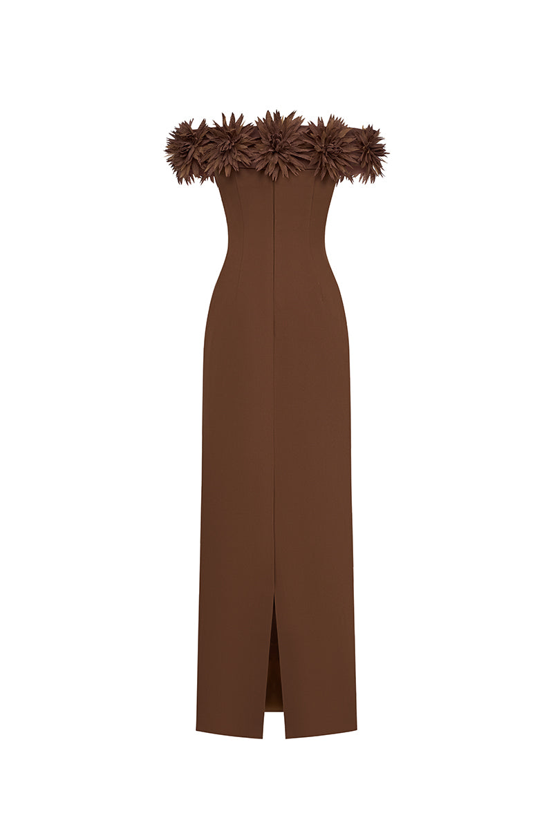 Elegant beige AREEN gown by EEGEN STUDIO, featuring flowing fabric and intricate detailing, perfect for formal occasions.