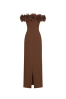 Elegant beige AREEN gown by EEGEN STUDIO, featuring flowing fabric and intricate detailing, perfect for formal occasions.