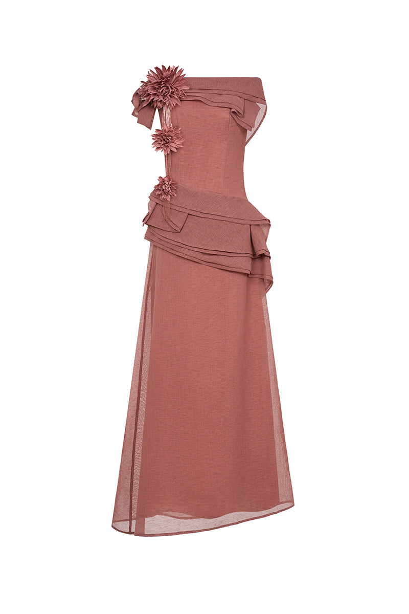Elegant RANYA gown by EEGEN STUDIO featuring intricate embroidery and flowing fabric, showcased in a stylish fashion pose.