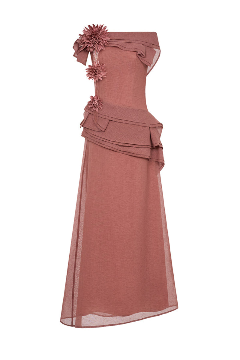 Elegant RANYA gown by EEGEN STUDIO featuring intricate embroidery and flowing fabric, showcased in a stylish fashion pose.