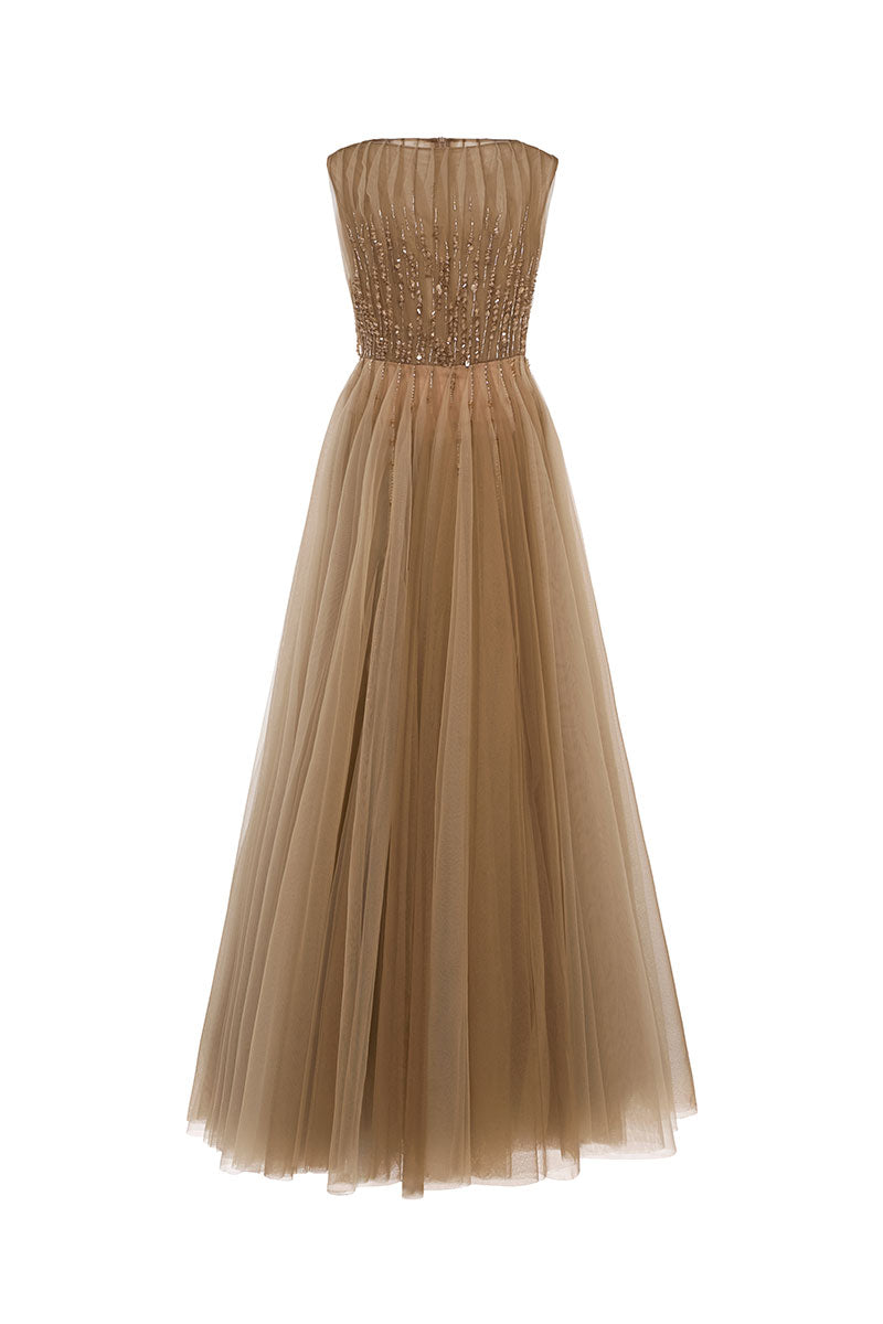 Elegant Noura gown by EeGen Studio featuring intricate embroidery and flowing fabric, perfect for formal occasions.