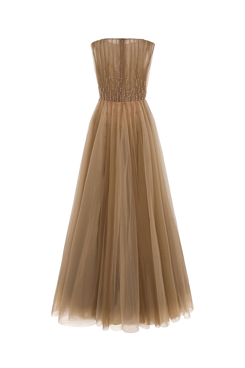 Elegant Noura gown by EEGEN STUDIO featuring flowing fabric and intricate detailing, perfect for formal occasions.