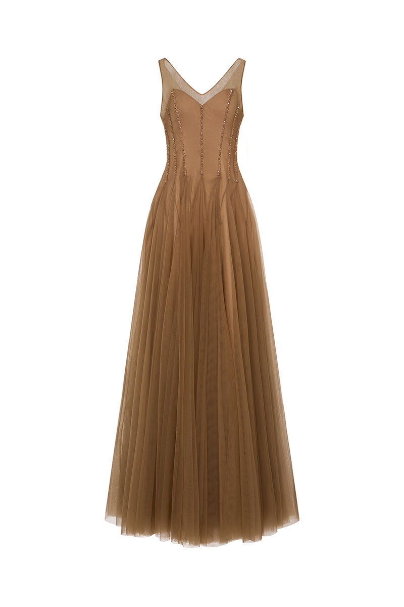 Elegant Samara gown by EEGEN STUDIO featuring flowing fabric and intricate details, perfect for formal occasions.
