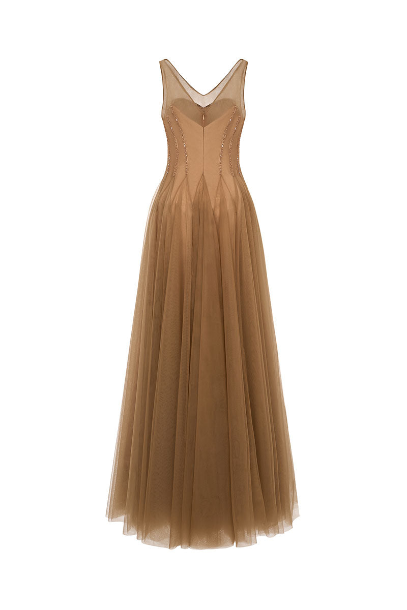 Elegant Samara gown by EEGEN STUDIO, featuring flowing fabric and intricate detailing, perfect for formal occasions.