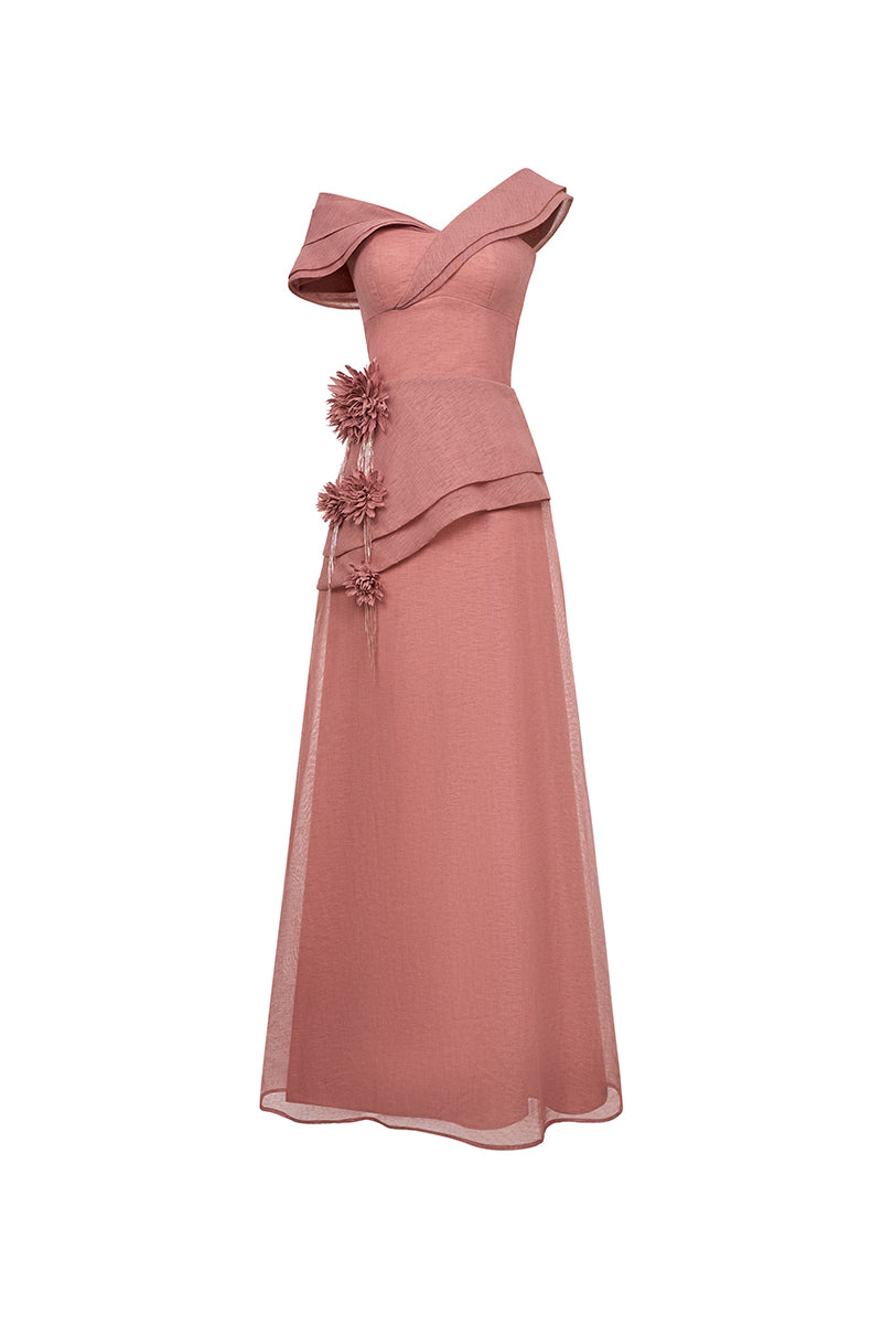 Elegant navy blue Cyra gown by EeGen Studio, featuring flowing fabric and intricate detailing, perfect for formal occasions.