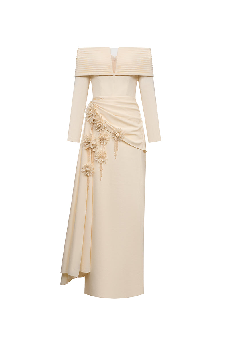 Elegant Amira gown by EEGEN STUDIO featuring flowing fabric and intricate detailing, perfect for formal occasions.