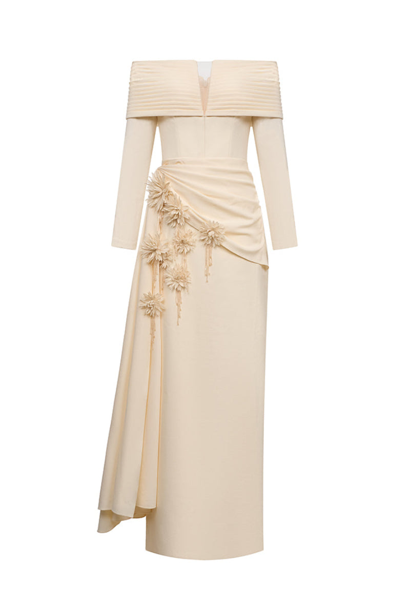 Elegant Amira gown by EEGEN STUDIO featuring flowing fabric and intricate detailing, perfect for formal occasions.