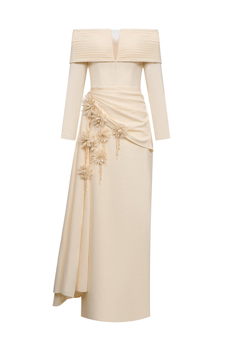 Elegant Amira gown by EEGEN STUDIO featuring flowing fabric and intricate detailing, perfect for formal occasions.
