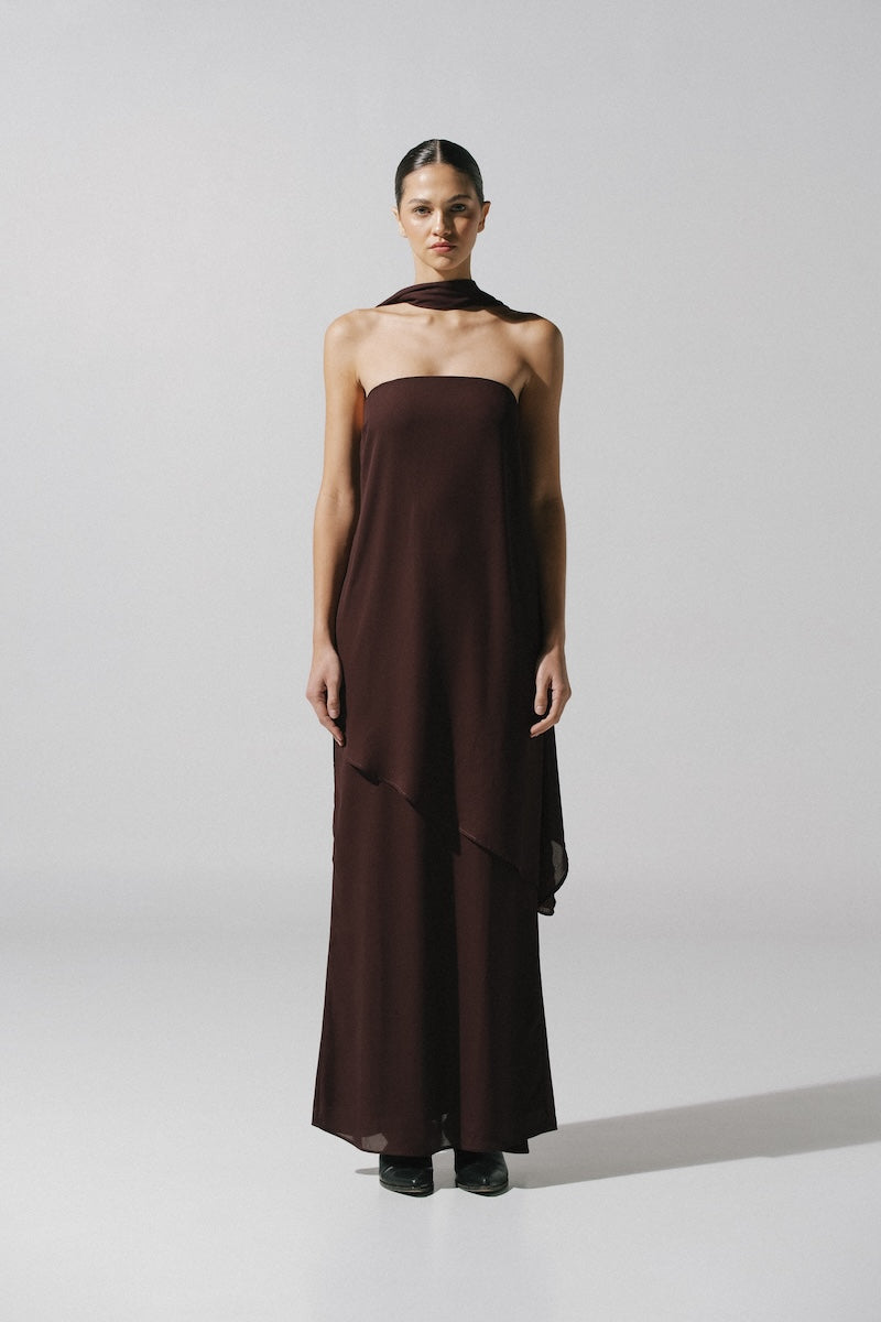 Chocolate brown Baobab EL Maxi Dress featuring a flowing silhouette and elegant design, perfect for casual or formal occasions.