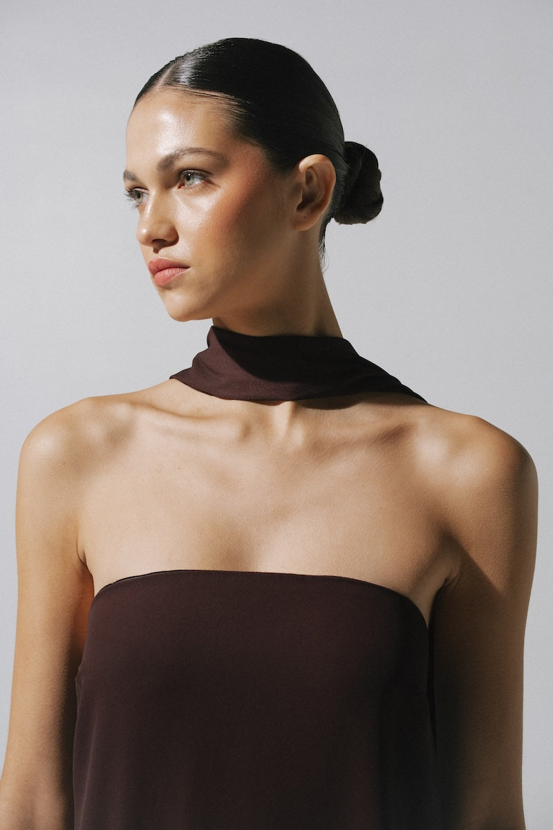Baobab chocolate maxi dress featuring a flowing design, perfect for elegant occasions and casual wear.